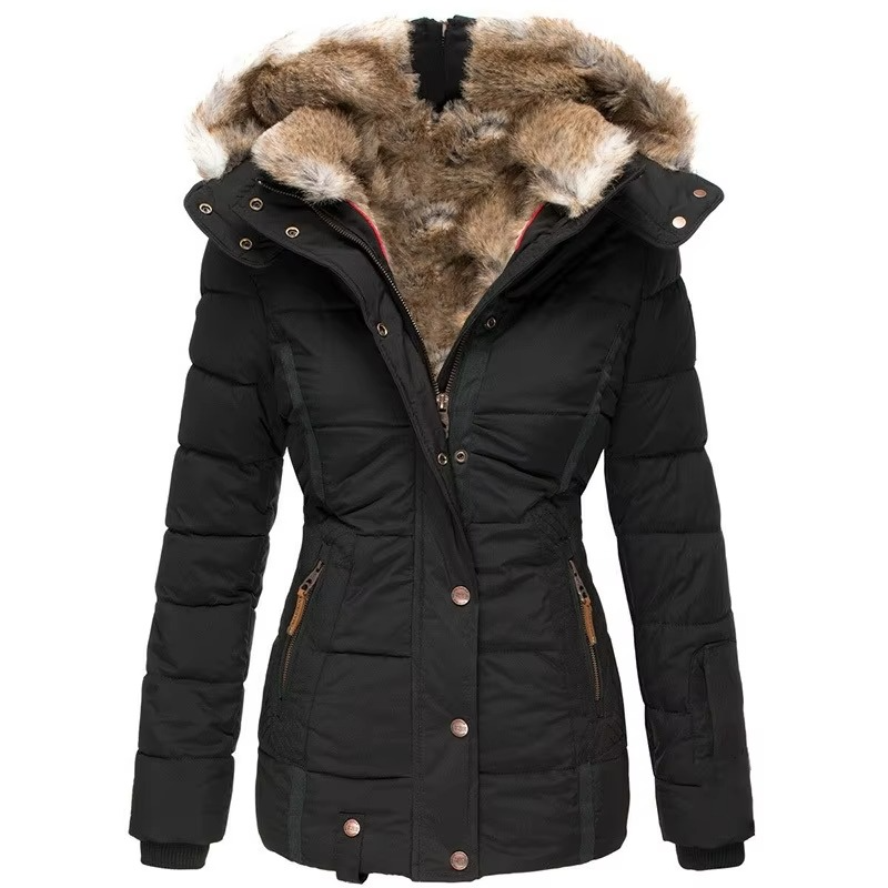 Women's slim-fit wool-cotton padded hooded parka jacket, windproof luxury warmth for city wear