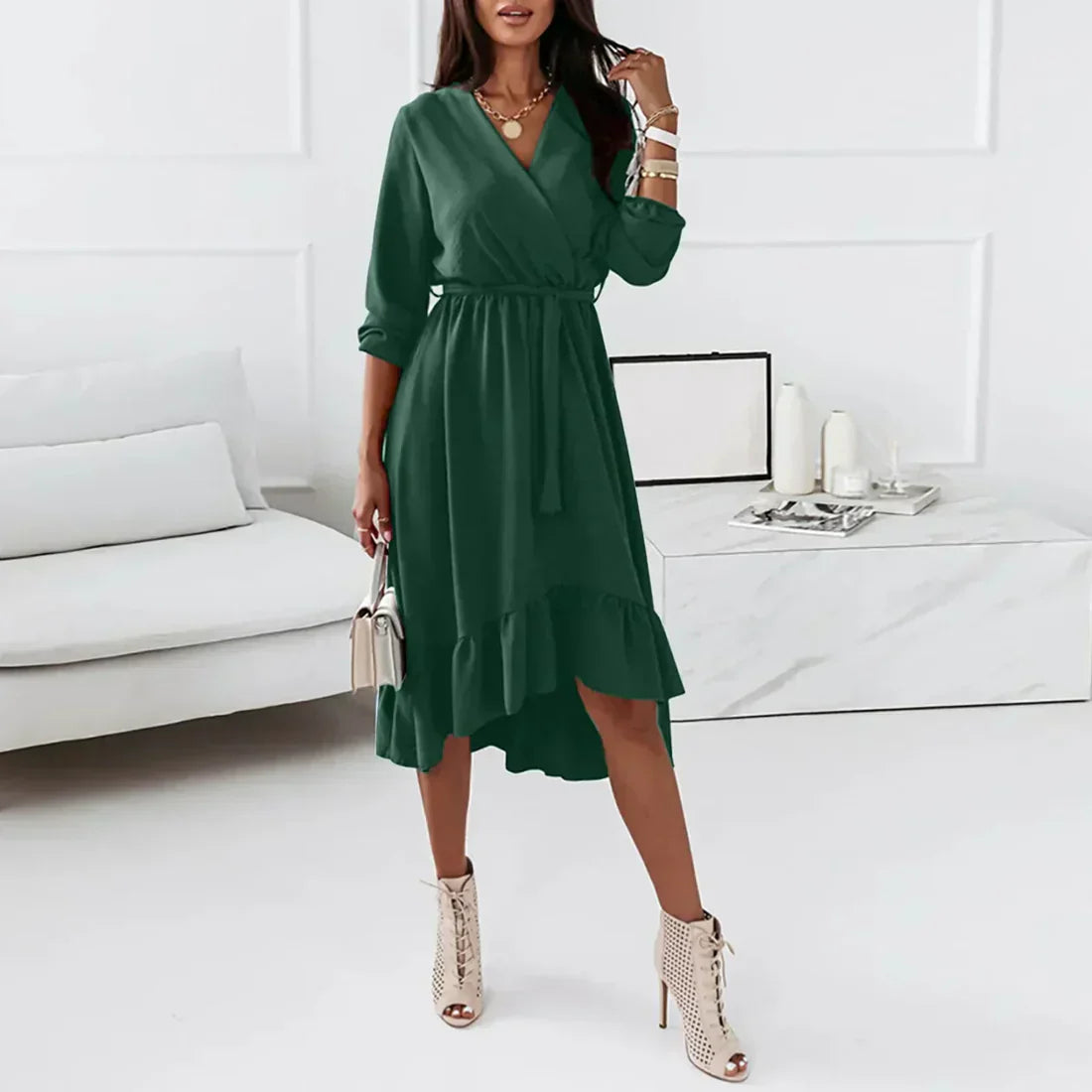 Women's elegant wrap dress flowing silhouette long sleeves waist-accentuating versatile fit