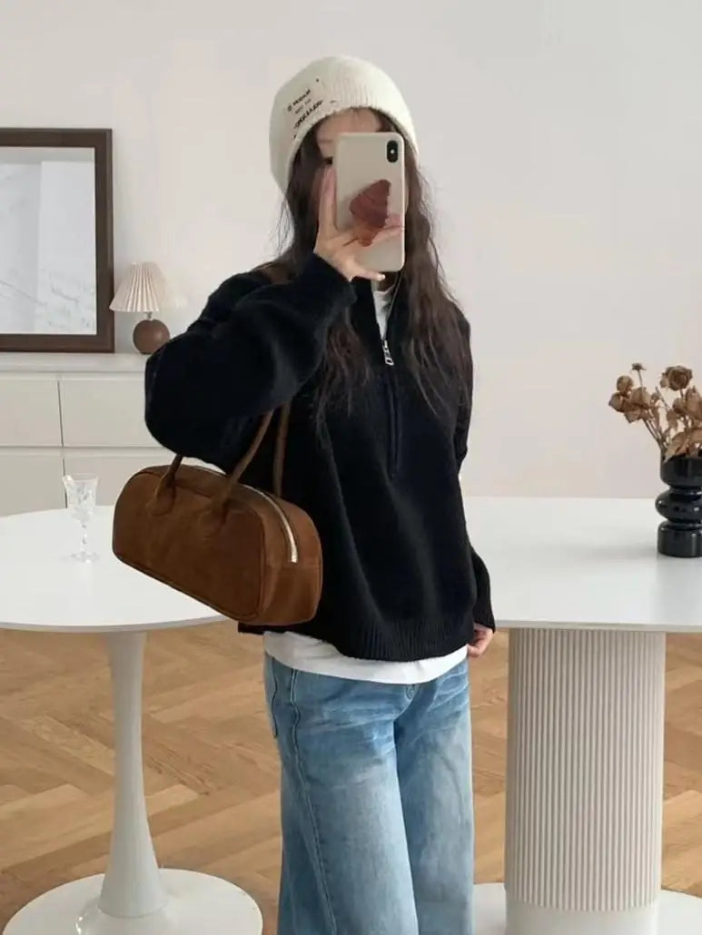Women's high neck knit sweater half-zip pullover cozy acrylic layering essential for autumn winter