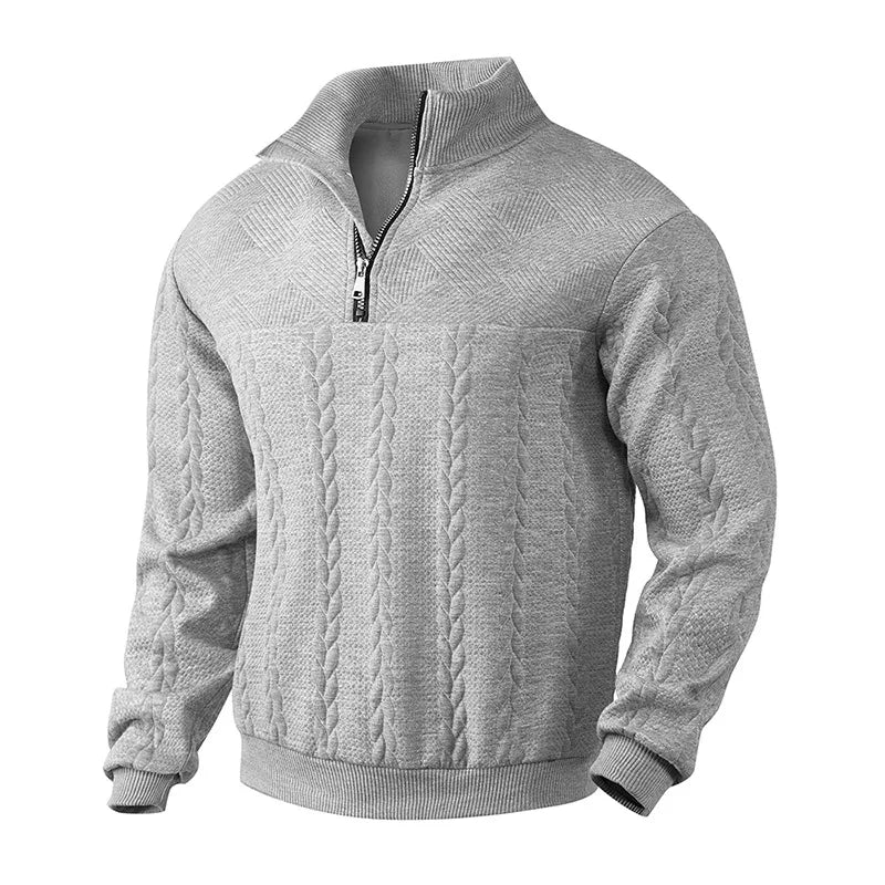 Men's cable knit quarter-zip sweater hip-length ribbed cuffs patterned texture casual winter style