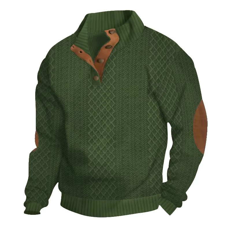 Men's burgundy jacquard knit button-front sweater with structured standing collar for smart-casual wear