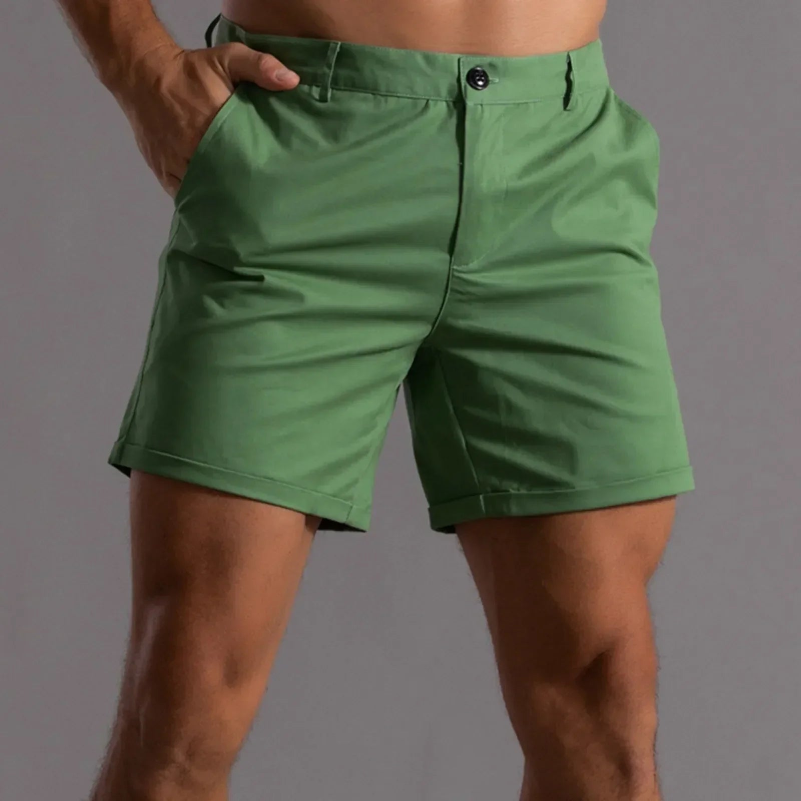 Men's mid-length tailored stretch shorts neutral tone semi-elastic waistband relaxed polished fit