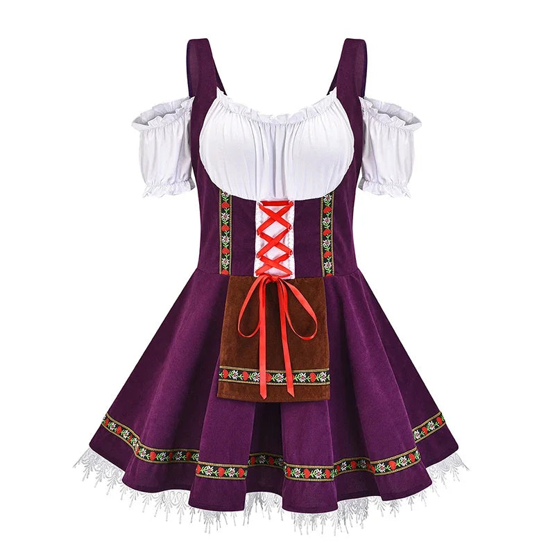 Women's Bavarian dirndl dress with lace-up corset bodice, puffed sleeve blouse, festival-ready ensemble