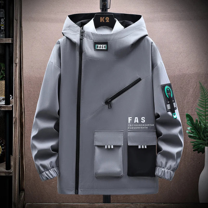 Men's water-resistant hooded jacket relaxed fit multi-pocket street style urban outerwear