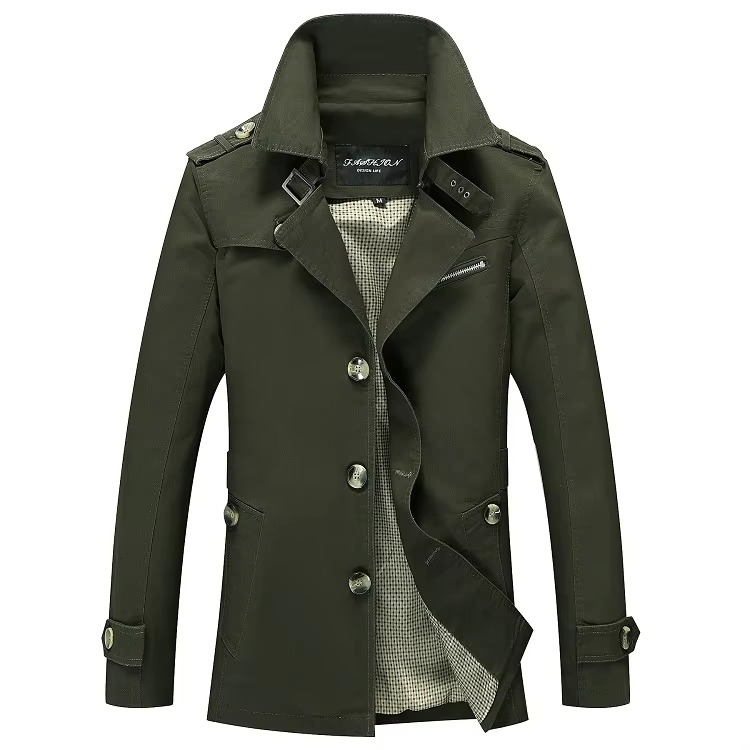 Men's classic single breasted trench coat wind resistant all-season outerwear slim fit