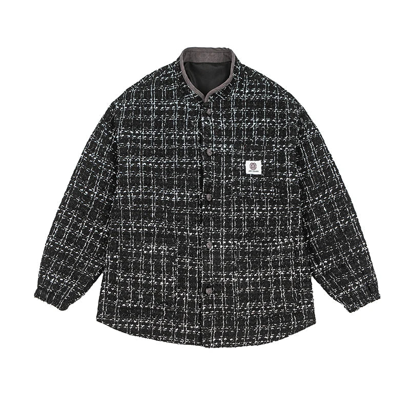 Multicolor tweed boxy jacket with East Asian-inspired pankou knot closures and structured silhouette