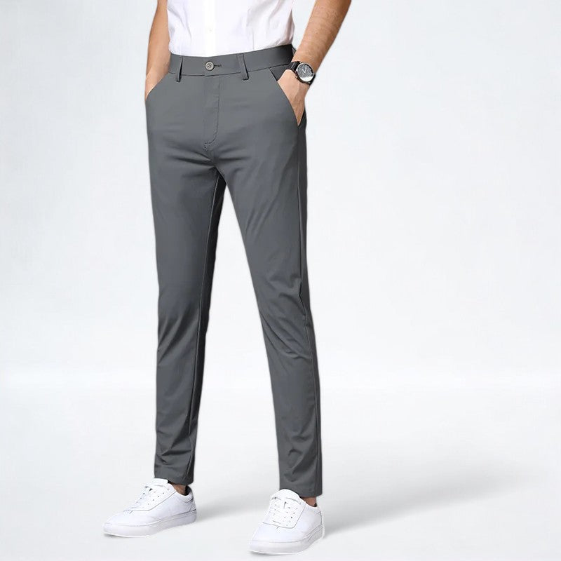 Men's gray stretchy pants flexible fit breathable elastic waistband for office sports leisure