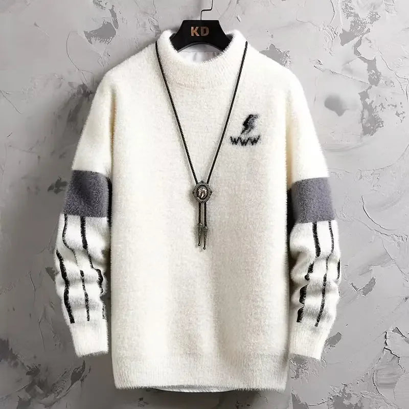 Two-tone textured knit sweater unisex relaxed fit plush cozy layer contrasting sleeve panels