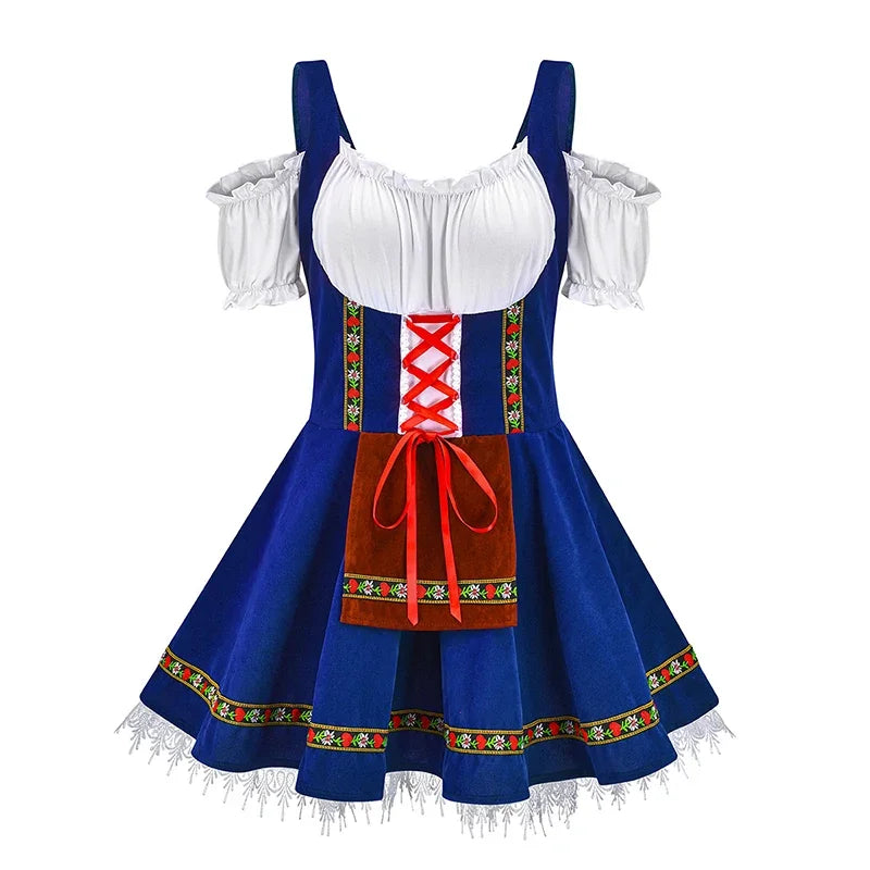 Women's Bavarian dirndl dress with lace-up corset bodice, puffed sleeve blouse, festival-ready ensemble