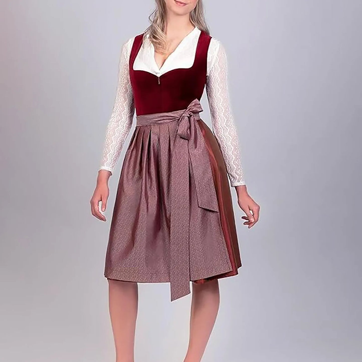 Burgundy dirndl dress with white lace blouse, satin brown apron, and fitted corset bodice