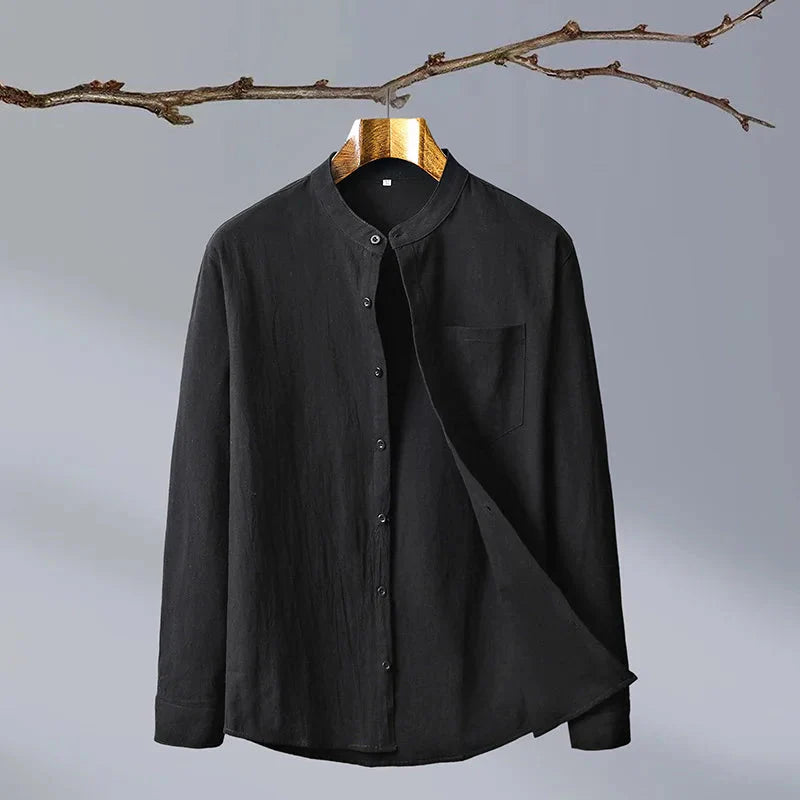 Men's relaxed fit linen shirt, band collar, breathable casual style in neutral tone