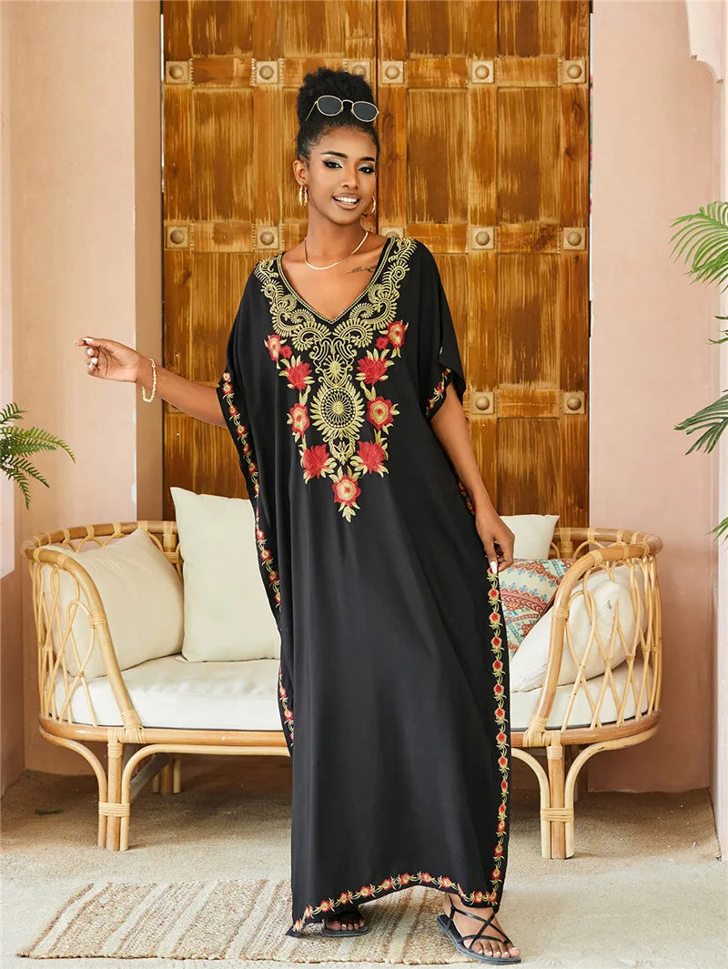 Beige ankle-length kaftan dress loose fit breathable cotton resort coverup for women