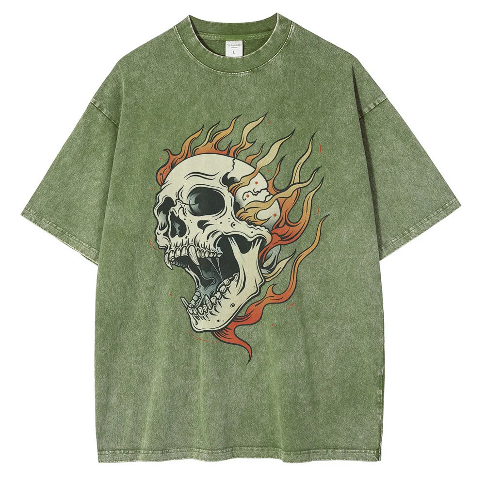 Black oversized heavyweight cotton graphic tee distressed acid wash American traditional flame beast front print