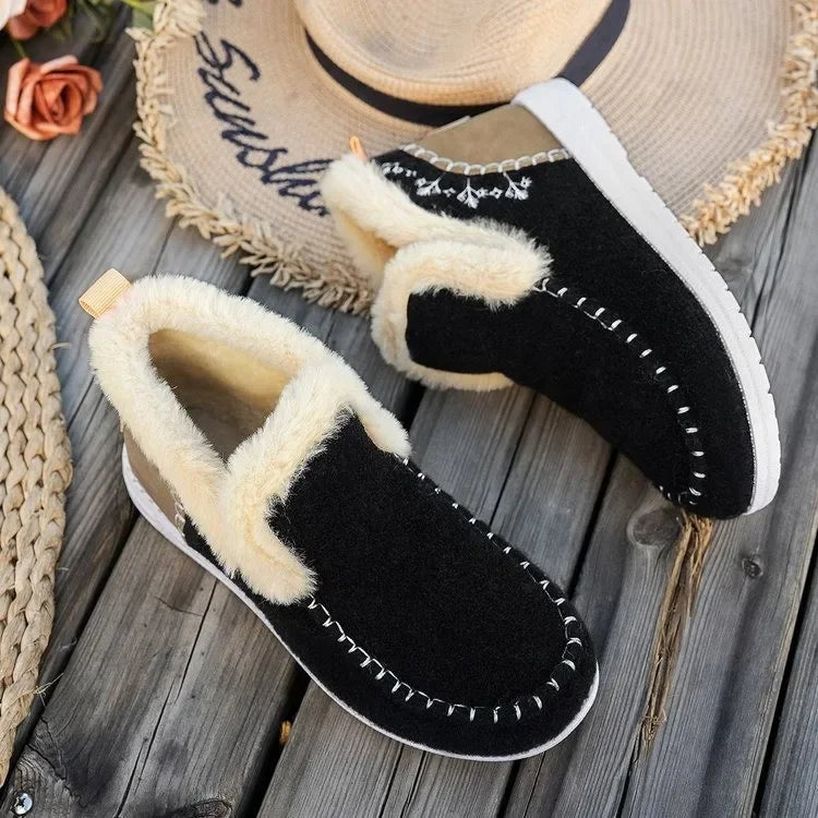 Women's ankle boots felt-like texture plush faux fur lined cozy casual fit with stitched trim