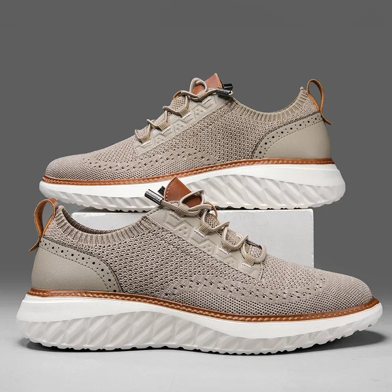 Men's gray breathable mesh knit sneakers with seamless adaptive upper and lightweight cushioned sole