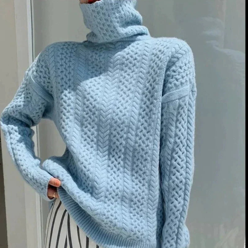 Women's ivory bouclé turtleneck sweater thick hand-brushed marled wool knit cozy couture fit