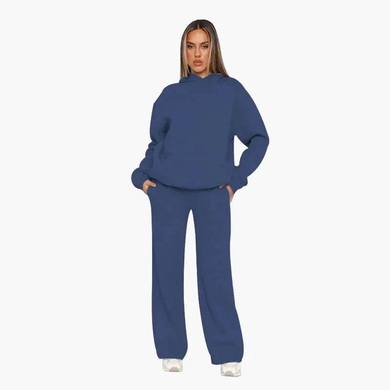 Women's casual loungewear set with relaxed hoodie kangaroo pocket and wide leg pants cozy everyday outfit