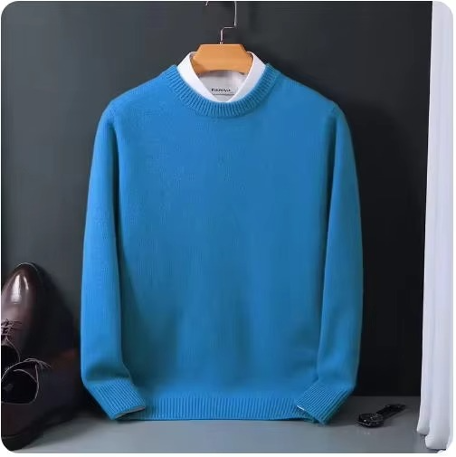 Men's beige cashmere O-neck pullover sweater, fine-gauge knit with soft slim-fit silhouette