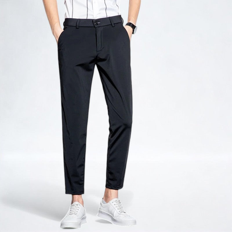 Men's black stretchy slim-fit pants with elastic waistband for office sports and leisure