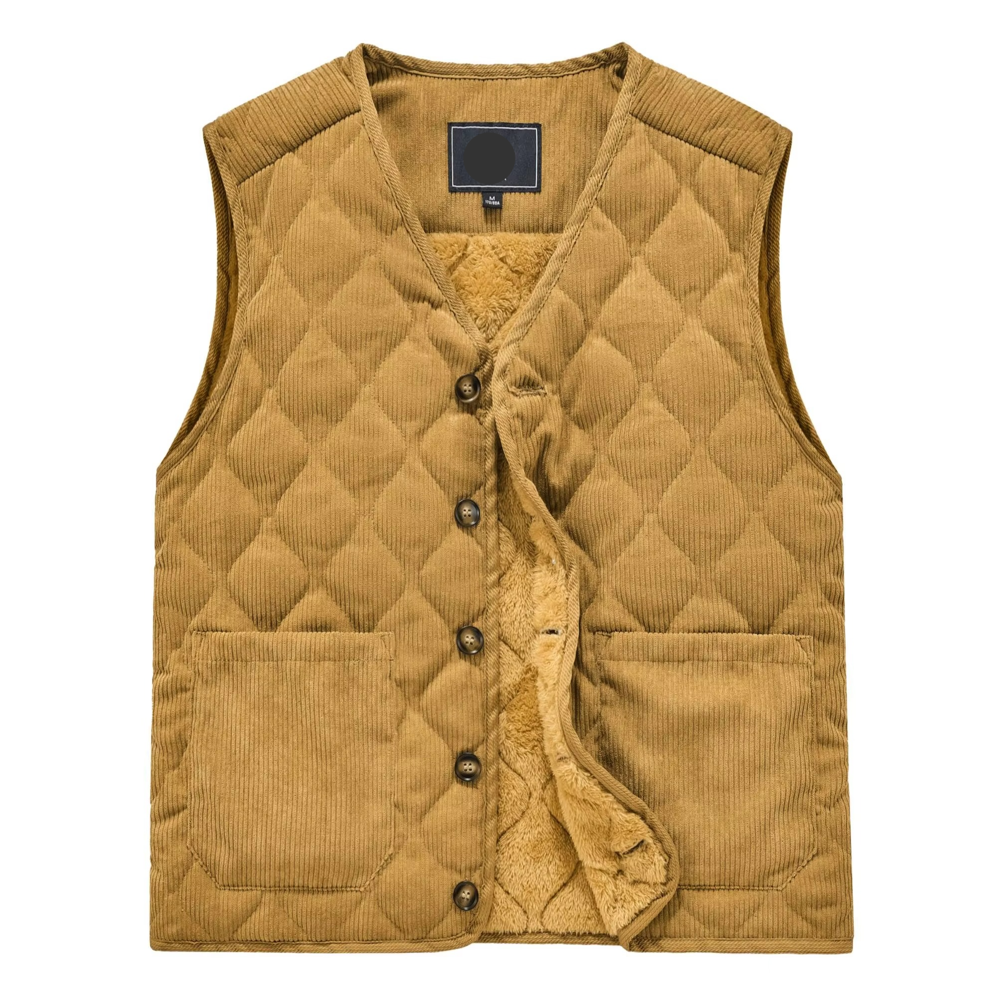 Men's beige corduroy padded vest lightweight diamond-quilted shoulders workwear style
