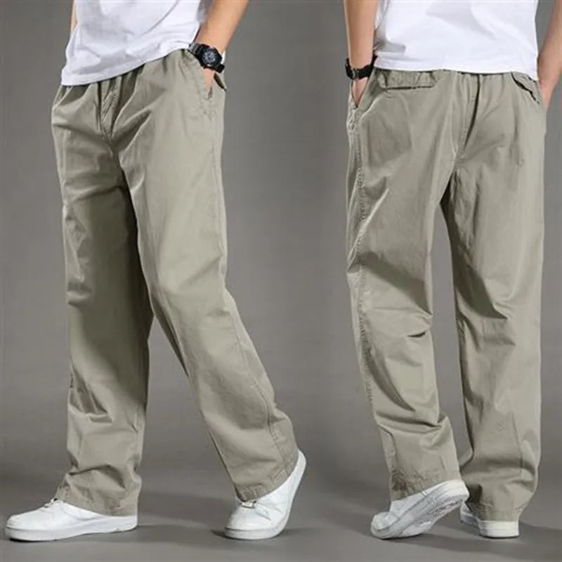 Men's wide-cut relaxed pants with elastic waistband, breathable everyday casual trousers