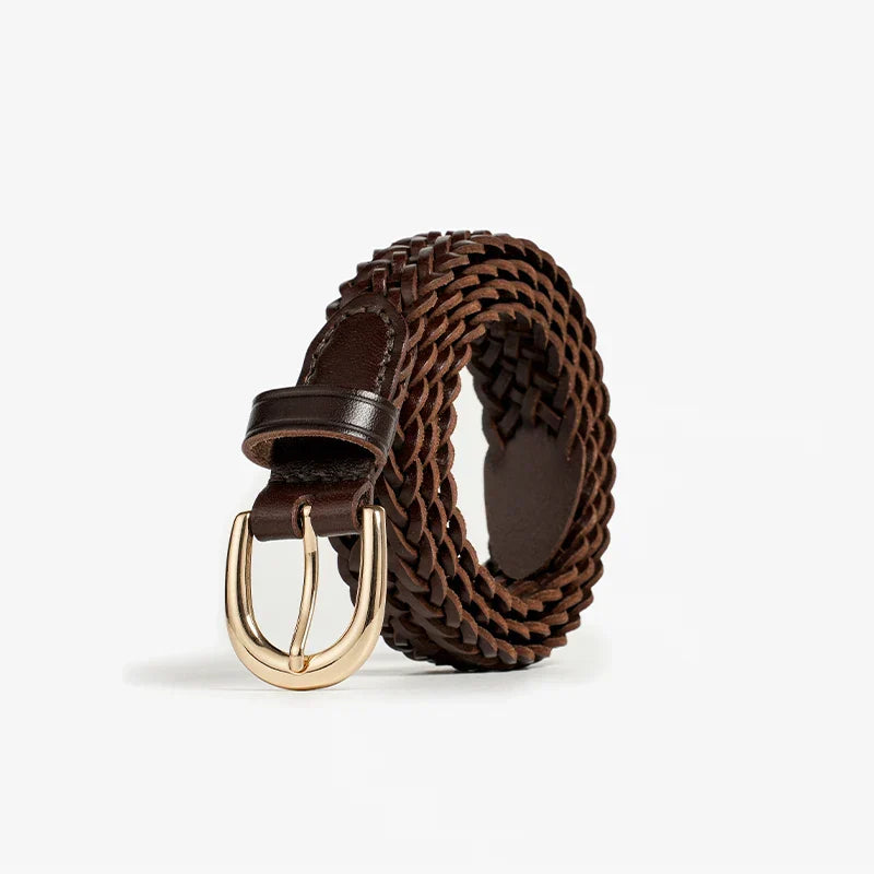 Men's braided genuine leather belt in black brown or coffee with gold hardware cross-braid design