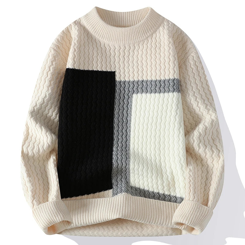 Unisex geometric colorblock knit sweater with sculpted textured panels and bold modern style