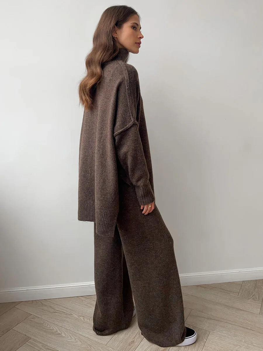 Women's fluffy turtleneck loungewear set wide leg pants ultra-soft thick knit cozy two-piece