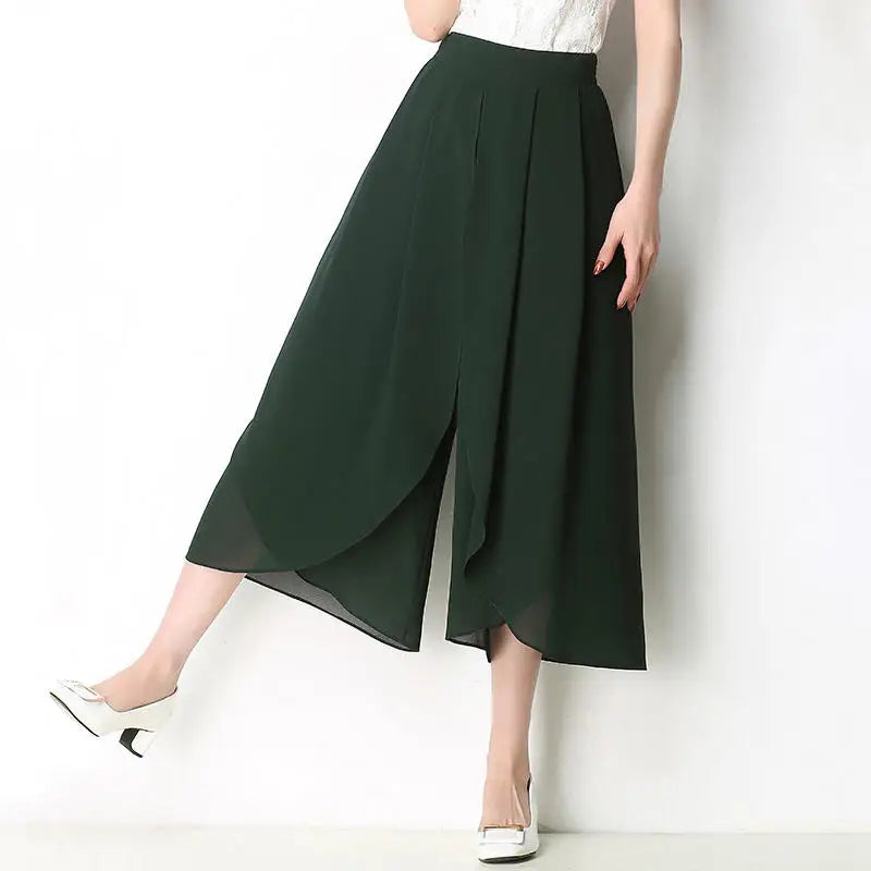 Women's draped culottes flowing layered overlap skirtlike silhouette asymmetrical panels comfortable fit