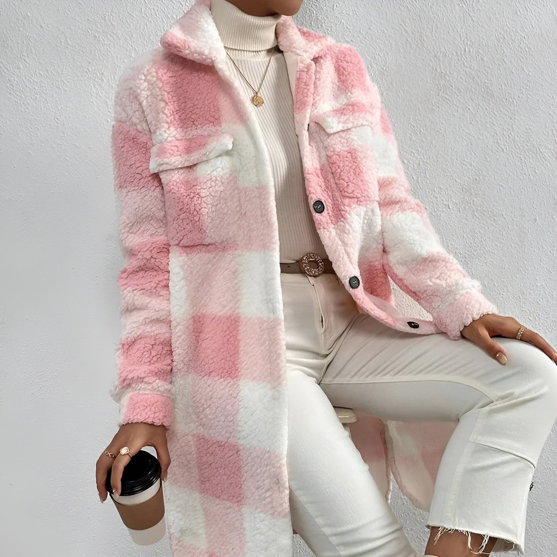 Women's plaid fleece coat cozy fall outerwear with chic oversized layering silhouette