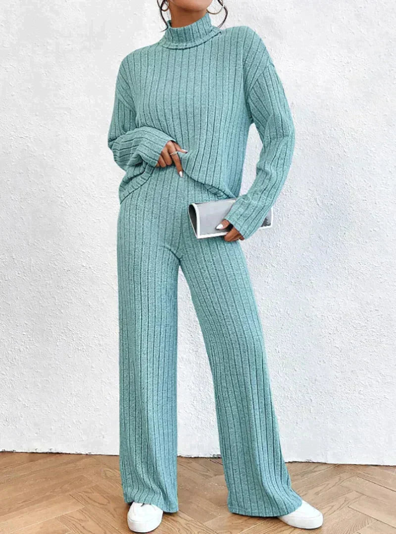 Women's knitted turtleneck and trousers matching set, cozy soft knit two-piece with clean silhouette