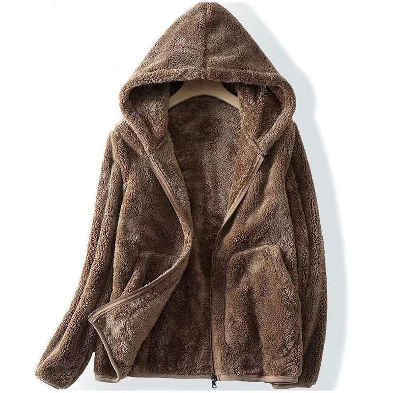 Women's cozy hooded zip jacket in neutral tone, relaxed everyday fit with kangaroo pocket