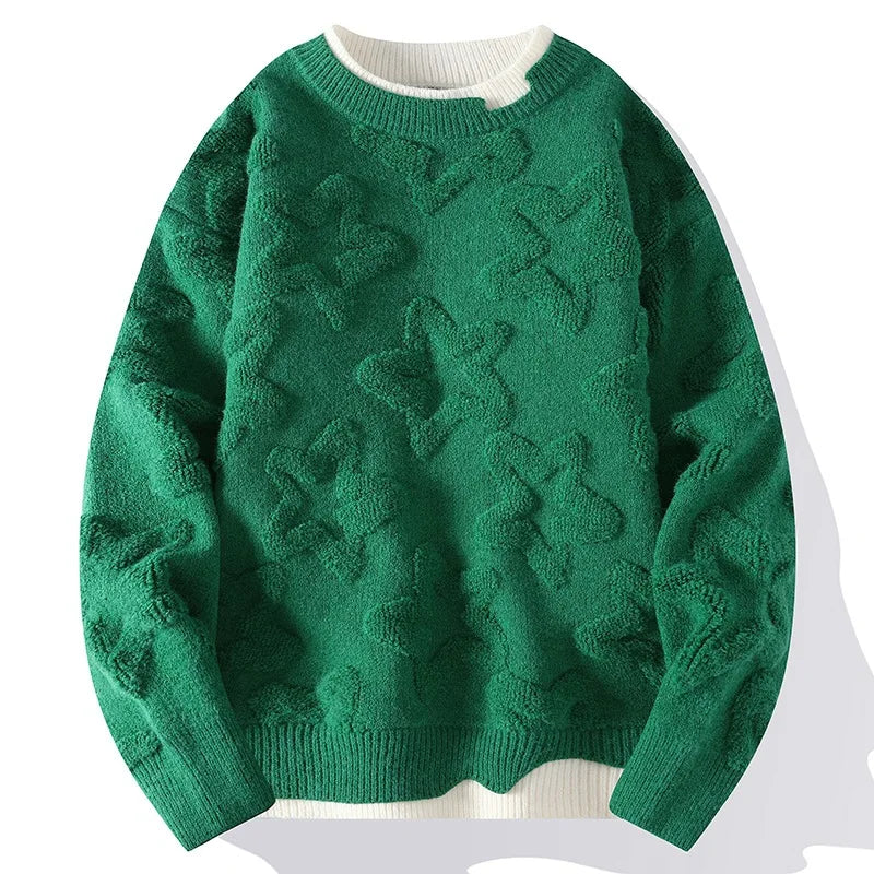 Cozy knit sweater with embossed raised star pattern detailing, casual everyday style