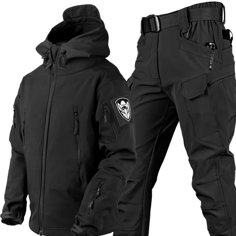 Men's multifunctional fleece-lined jacket with trousers set, zipper closure, all-season outdoor style