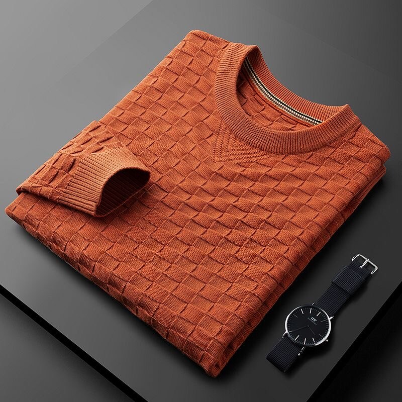 Men's beige waffle knit crew neck sweater with textured pattern, casual autumn style
