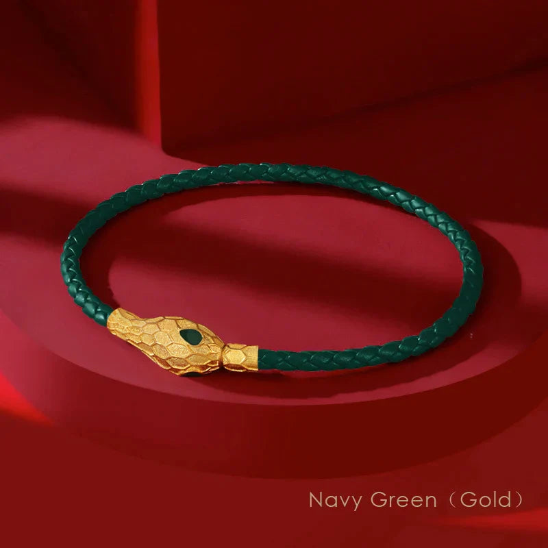 Bold handwoven leather bracelet with gold serpent clasp, unisex braided design by TrendAura