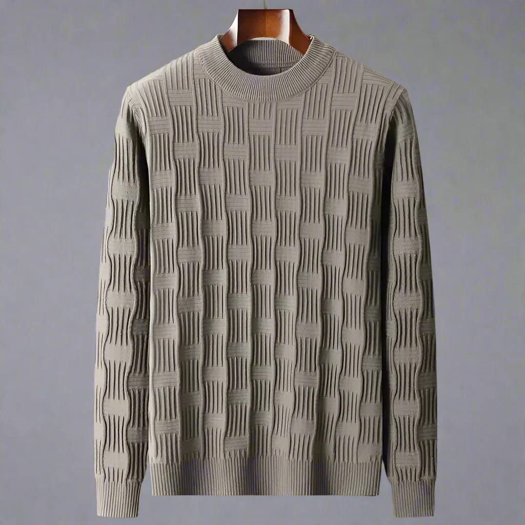 Textured grid knit crew neck sweater with 3D woven pattern, slim structured fit for professionals