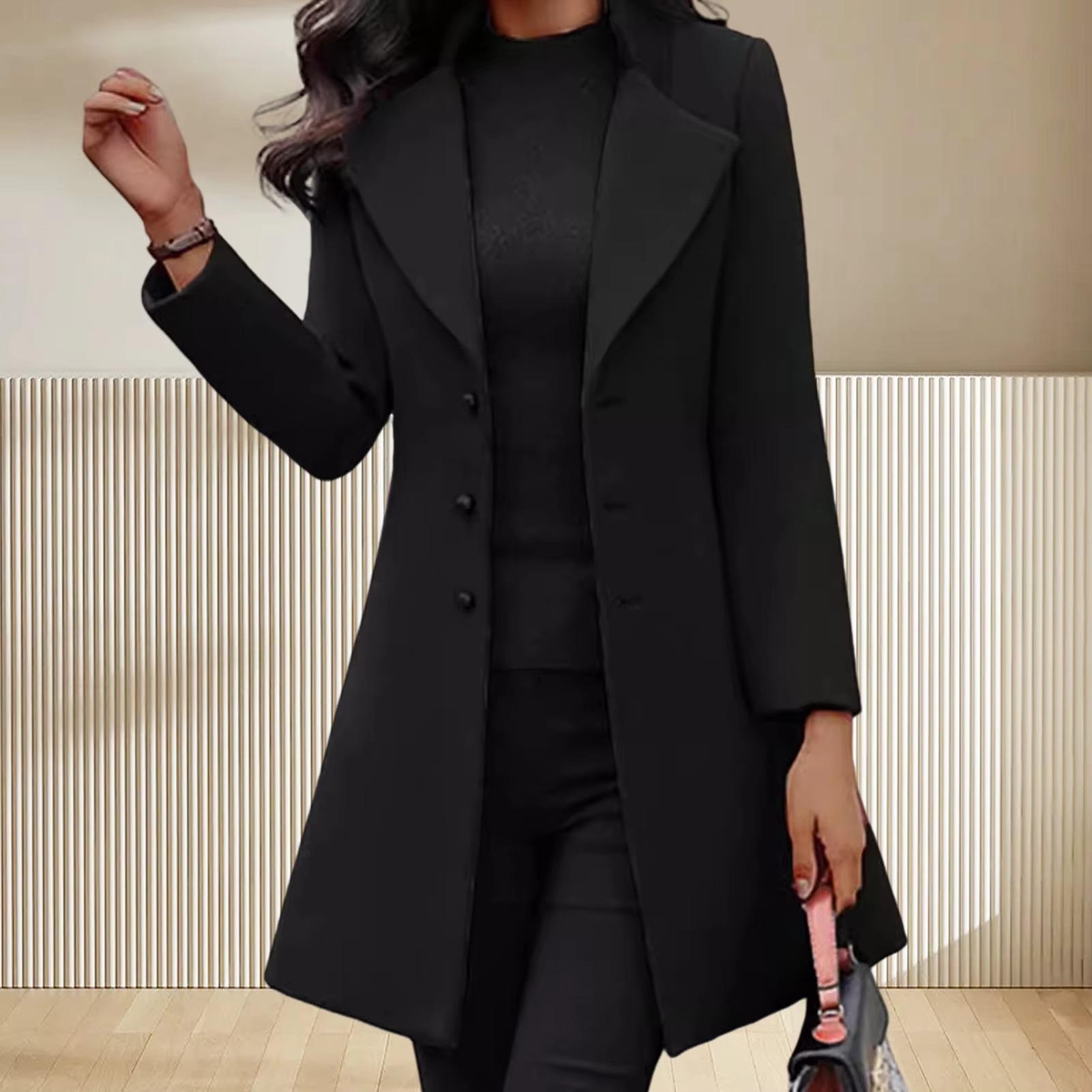 Women's mid-length slim fit wool coat single-breasted winter jacket tailored silhouette