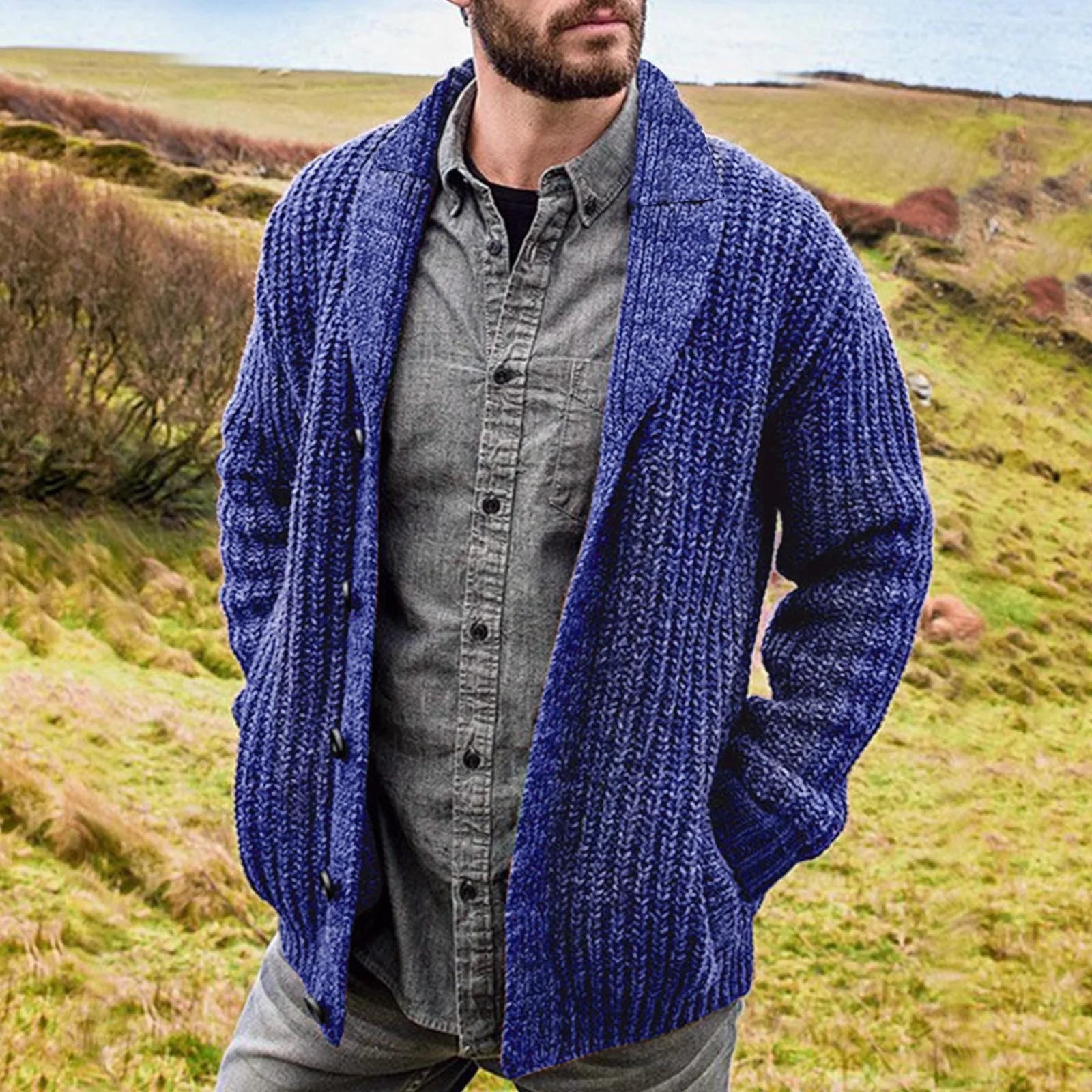 Men's classic cardigan soft fabric button closure pockets everyday layering relaxed minimalist style