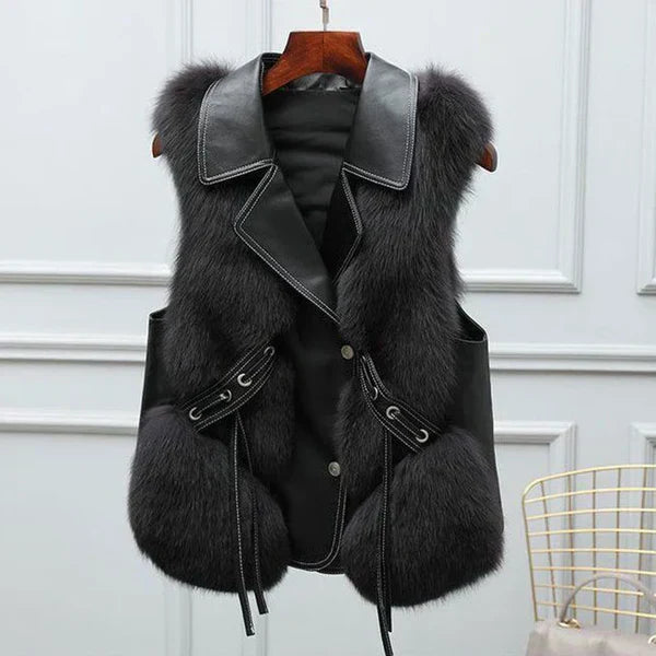 Women's ivory fur vest regular fit collared sleeveless chic evening style with tie detail and fur trim