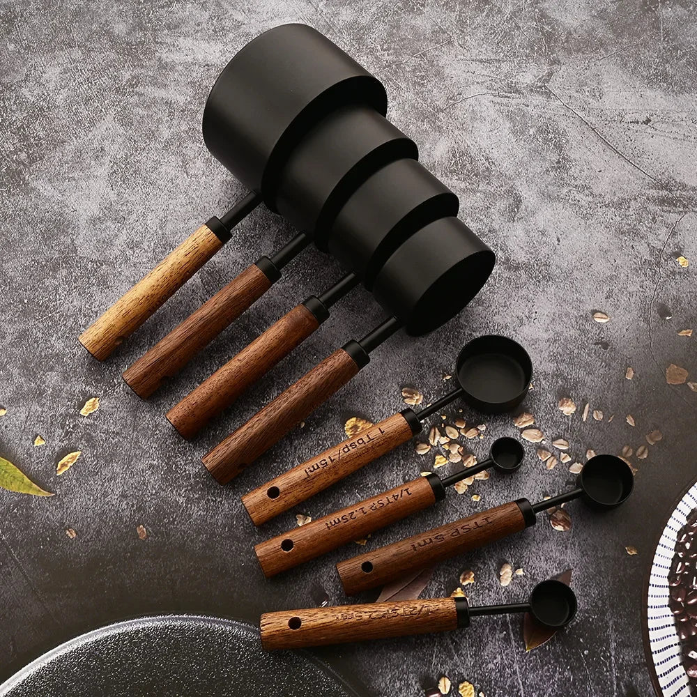 Timberware nesting stainless steel measuring cup set wooden handles engraved clear measurements