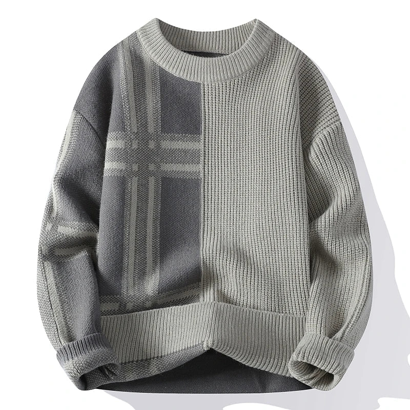 Unisex plaid knit sweater with half-textured half-plaid contrast, versatile layered casual style