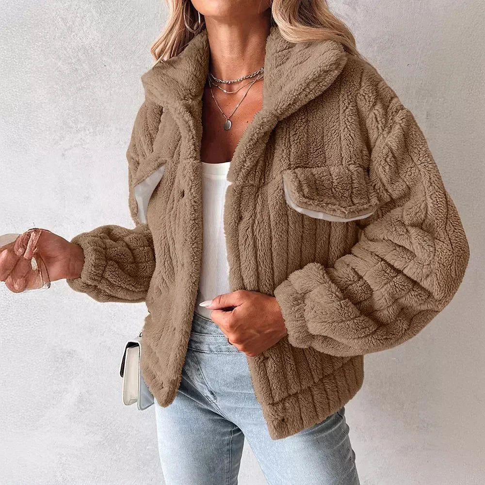Cropped faux fur trucker jacket women ribbed knit turn-down collar oversized pockets loose fit