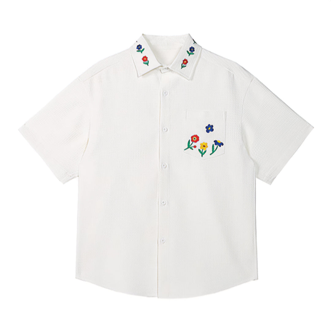 Men's relaxed fit textured cotton shirt with floral embroidery on collar and chest pocket