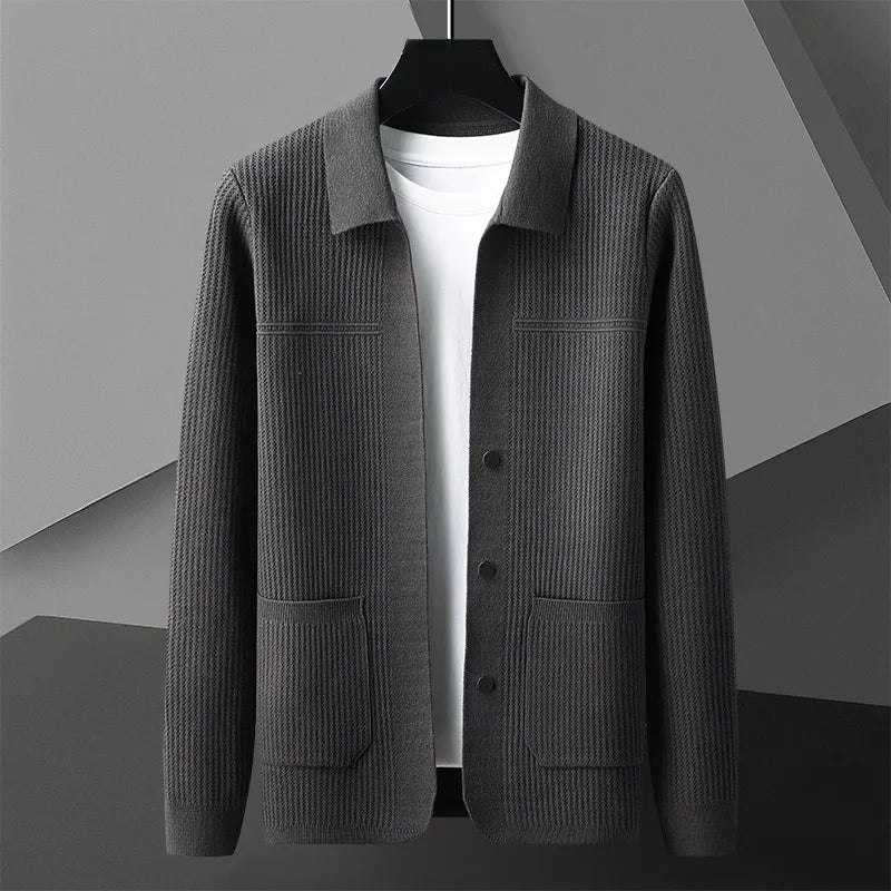 Men's lightweight knit cardigan with sharp lapel, structured silhouette, and deep pockets for smart-casual style