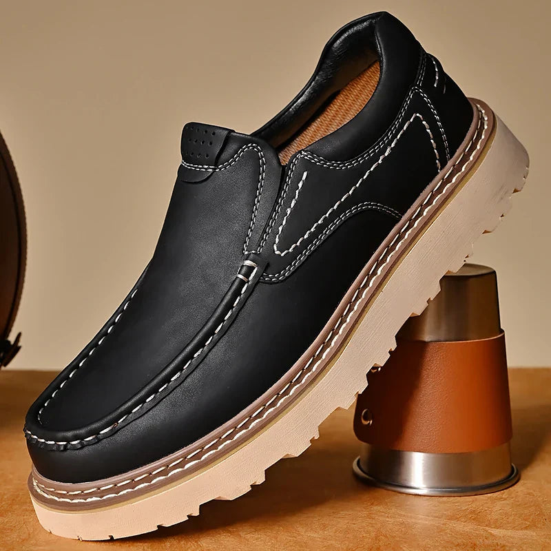Men's brown genuine leather slip-on dress shoes smart casual style with premium patina finish