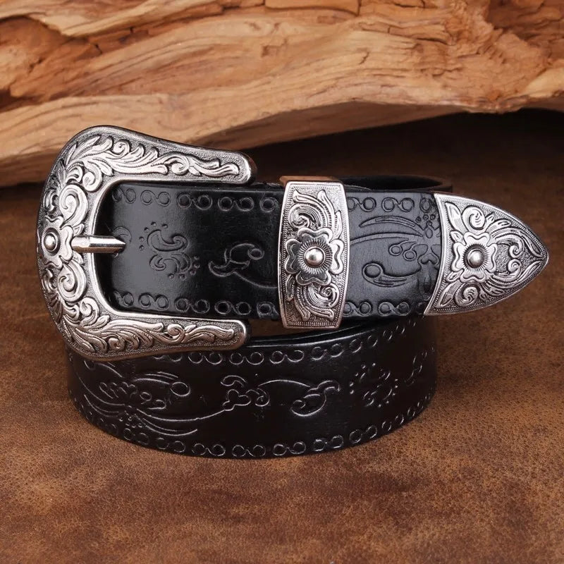 Men's brown genuine cowhide leather western belt with embossed detailing and steel buckle
