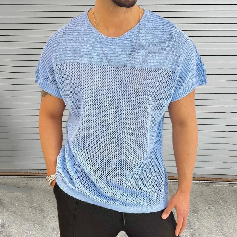 Men's breathable mesh-knit tee O-neck relaxed fit lightweight streetwear summer shirt