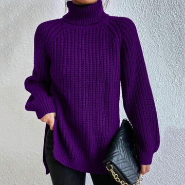 Women's beige turtleneck sweater flattering fit premium soft knit cozy layering style