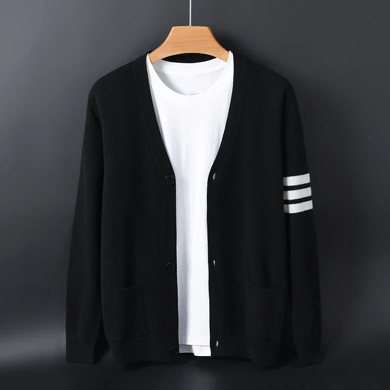Women's knit cardigan with striped sleeves, button front, ribbed trim, casual relaxed fit